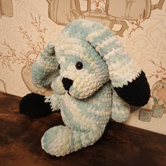 Handmade Crochet Plushie Stuffed Animal Dog 15in Blue And Black - Picture 3 of 12